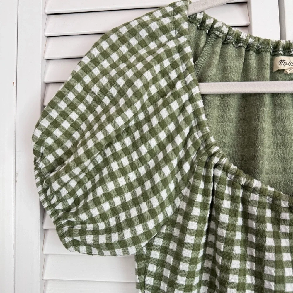 Madewell Puff-Sleeve Jacquard Mini Dress in Gingham Check Green Size XS - Picture 4 of 10